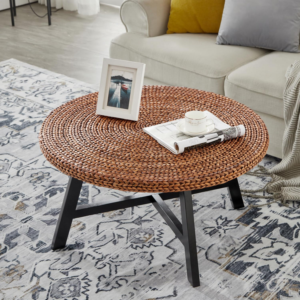 32 Inch Round Handwoven Seagrass Coffee Table with Pine Wood X Base D188949