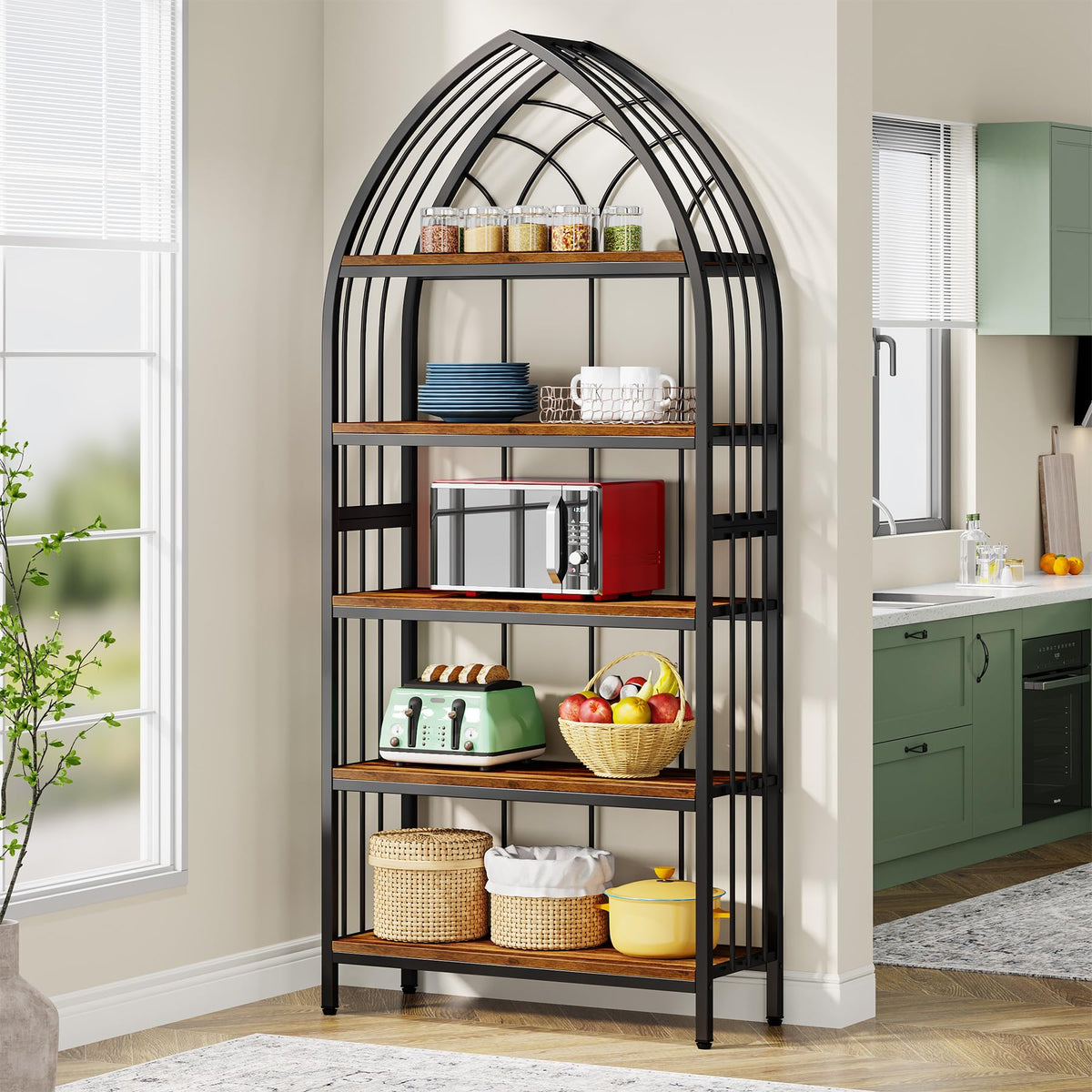 5-Tier 74.8-Inch Tall Curved Wood Bookshelf with Metal Frame F6481