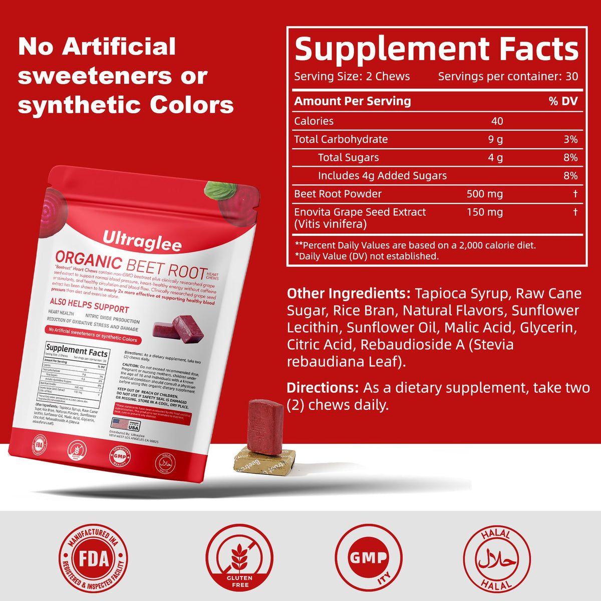 Beet Root Chewable Nitric Oxide Support Soft Chews 60 Pomegranate Berry Flavor D688