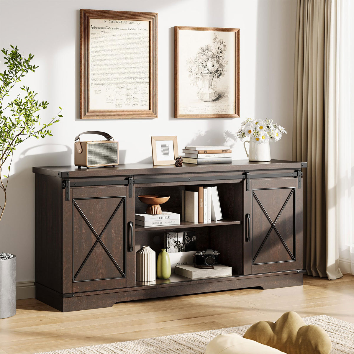 Farmhouse TV Stand with Sliding Barn Doors for 65 Inch TV J740