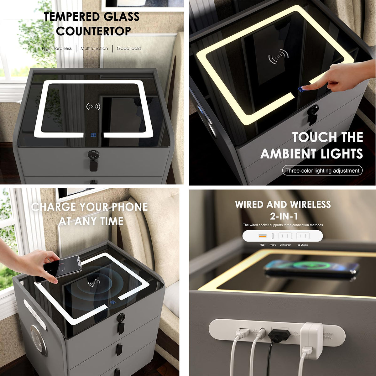 Wireless Charging Fingerprint Lock Nightstand T485969
