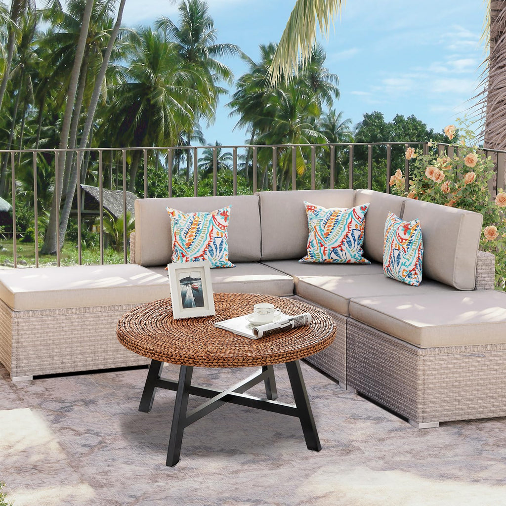 32 Inch Round Handwoven Seagrass Coffee Table with Pine Wood X Base D188949