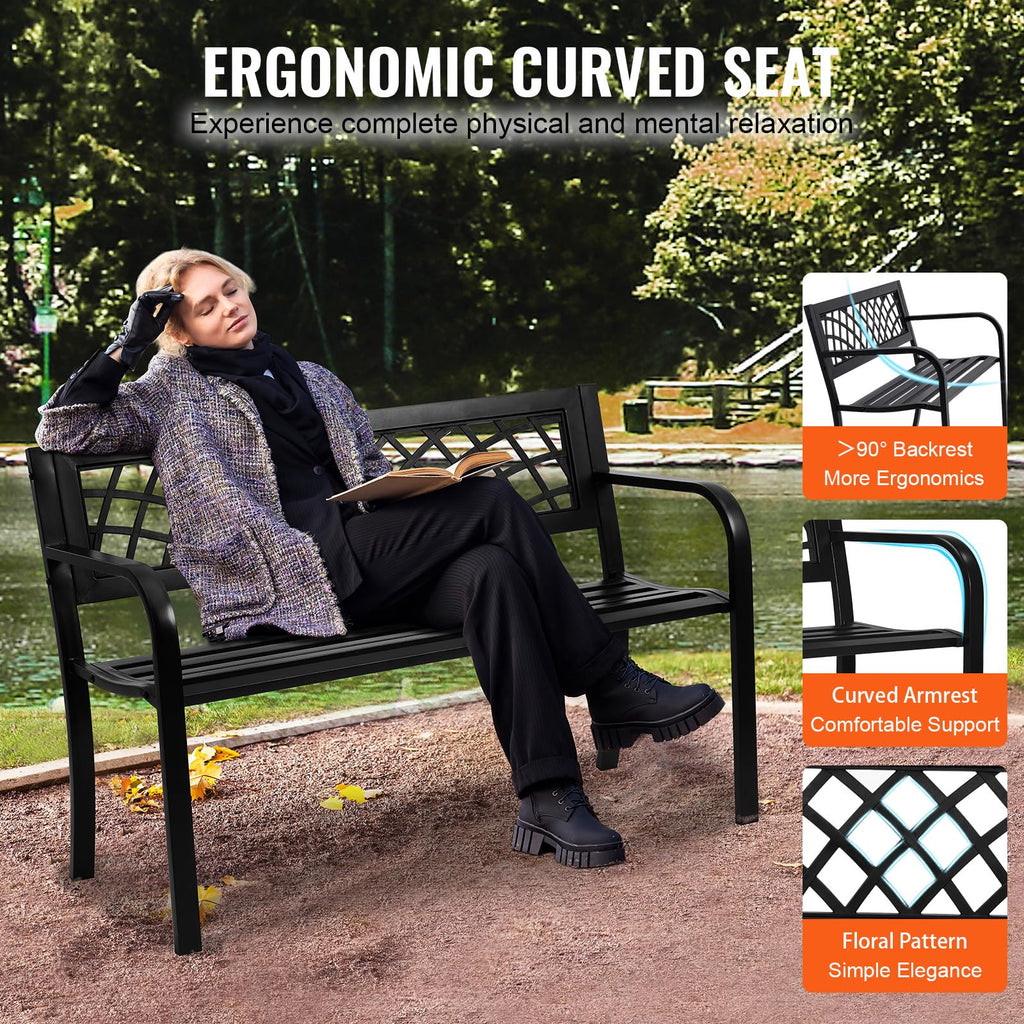 46" Iron Steel Frame Garden Bench with Mesh Pattern and Plastic Backrest E88833
