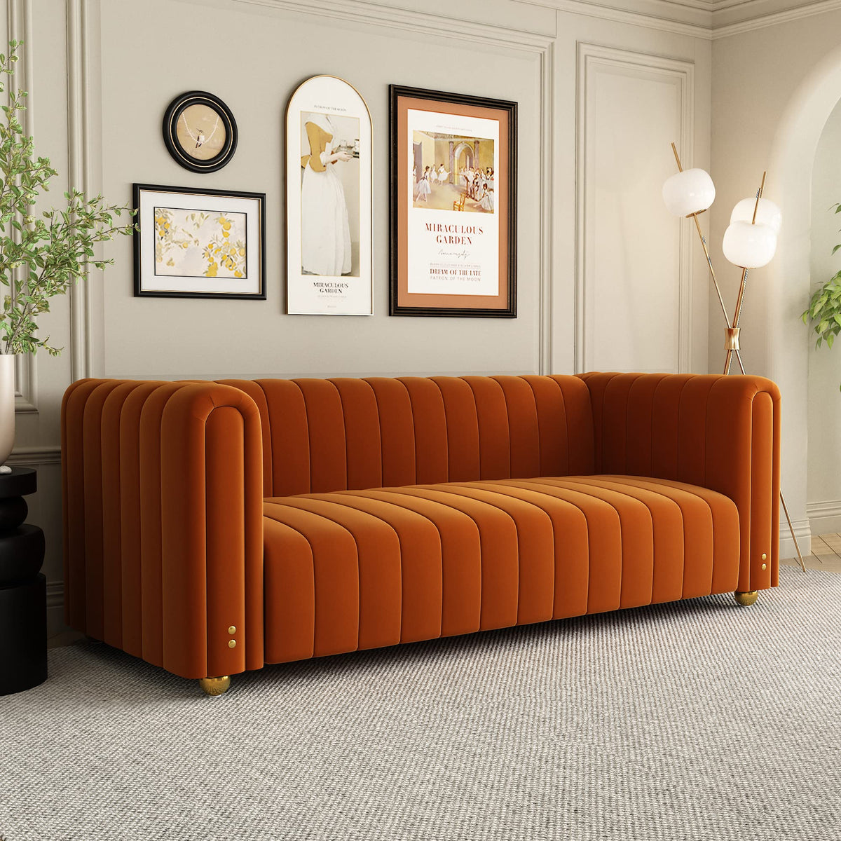 Orange Velvet 3 Seat Tufted Sofa Z63476