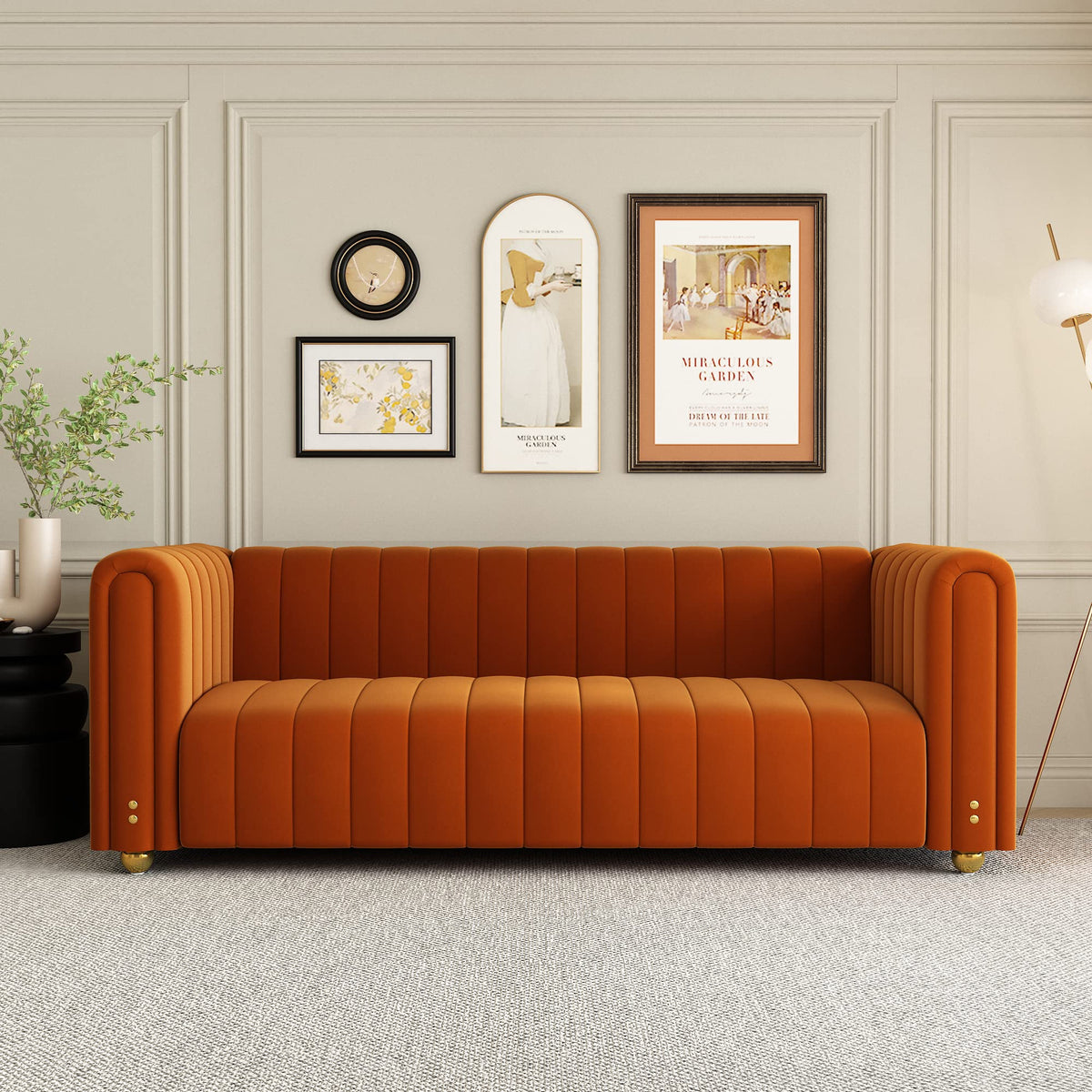 Orange Velvet 3 Seat Tufted Sofa Z63476