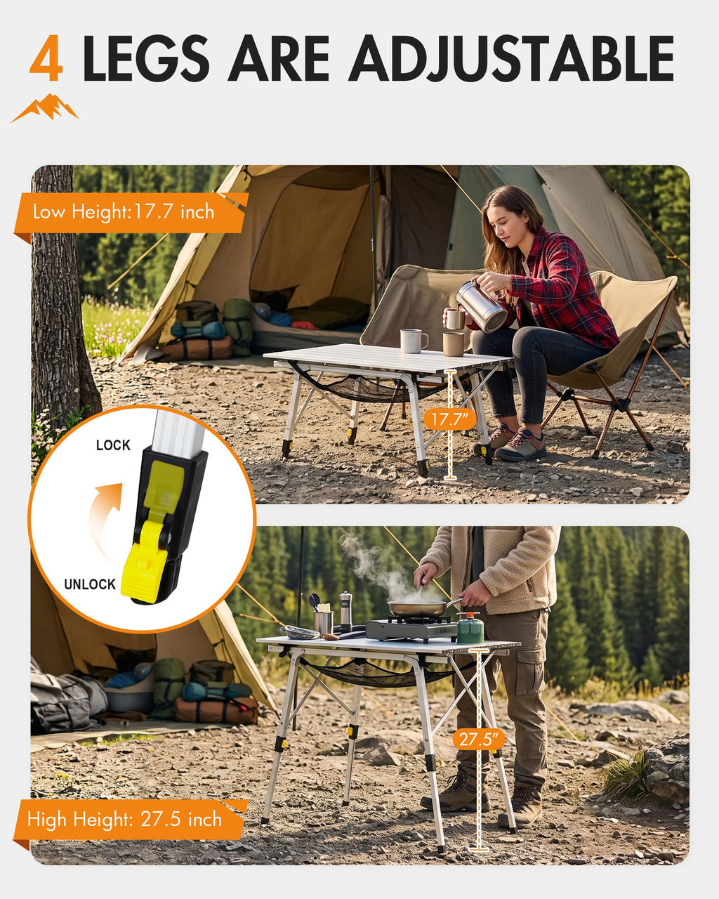 Folding Portable Camping Table with Adjustable Height Aluminum Roll Up Top F13469