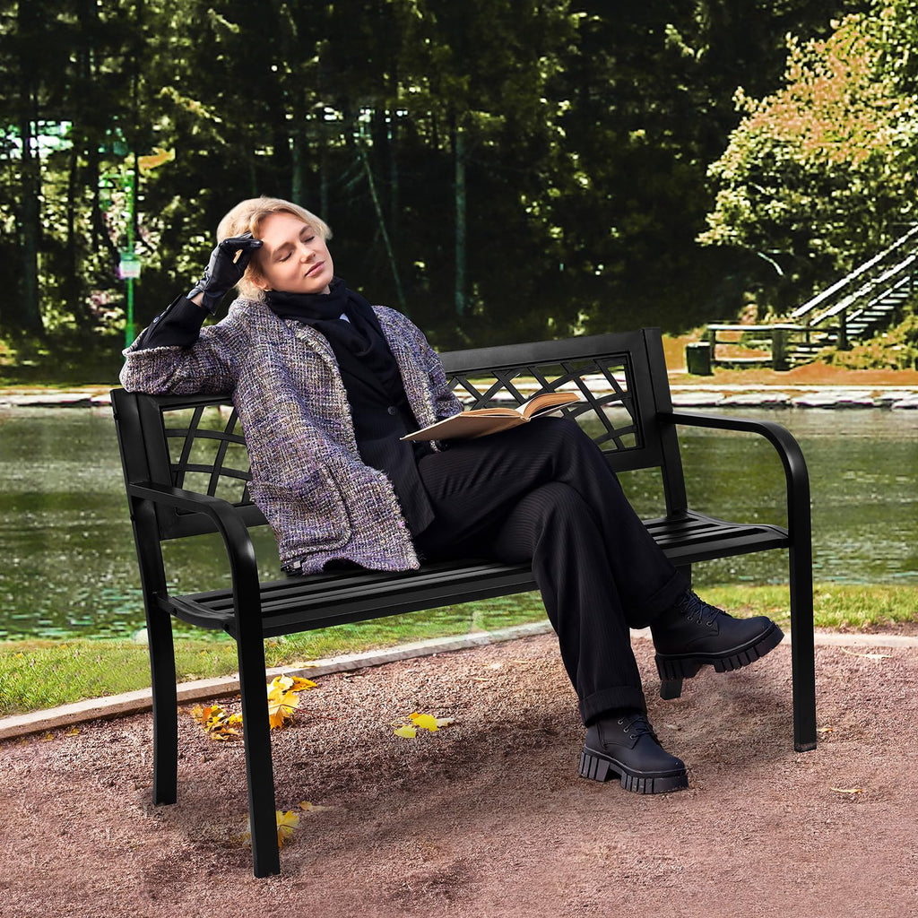 46" Iron Steel Frame Garden Bench with Mesh Pattern and Plastic Backrest E88833